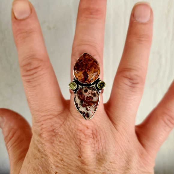 New Leopard Skin Jasper, Fossil Coral, Citrine 925 Silver Statement Ring. - Picture 8 of 8
